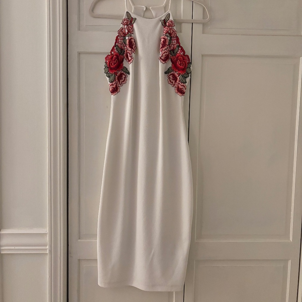 White Dress with Red Floral Accents